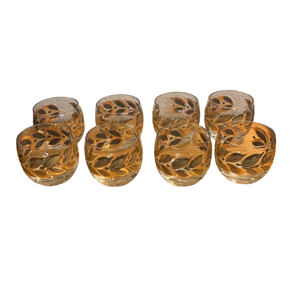 Set of 8 federal glass, Laurel leaf gold & black, roly poly glasses